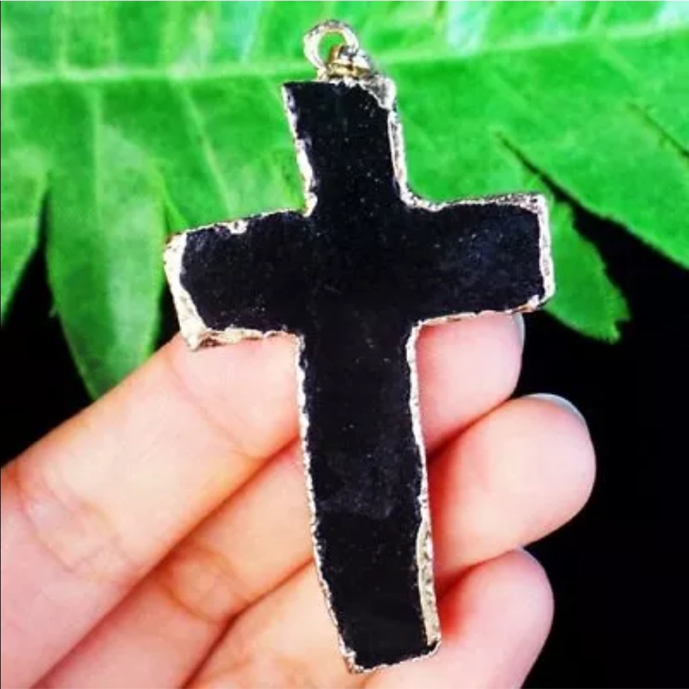 Gold painted Wrap Black Jasper Cross necklace
